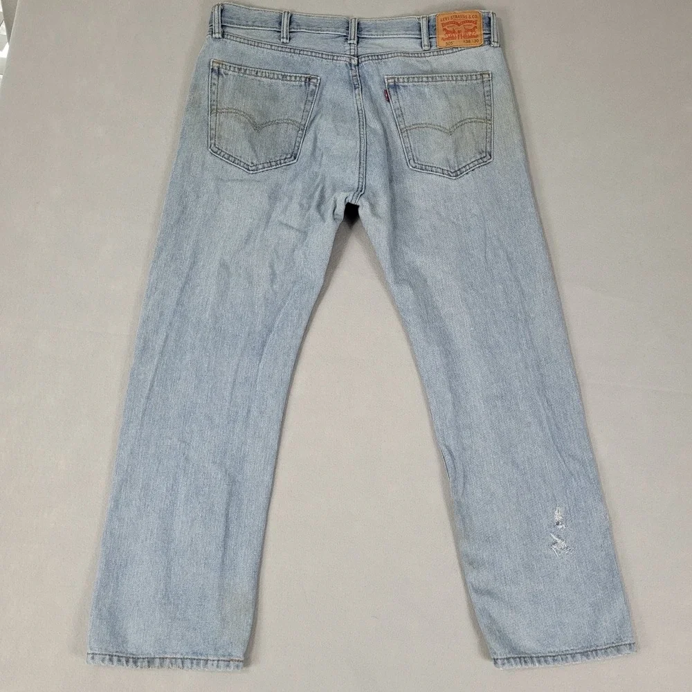 Levi 505 Jeans Mens Size 38x30 Blue Light Wash Straight Leg Distressed Stains